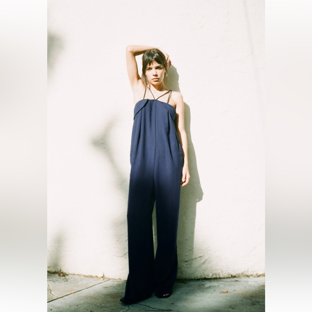 Zara LONG FLOWY JUMPSUIT. Navy Blue. Size S. New with Tags.